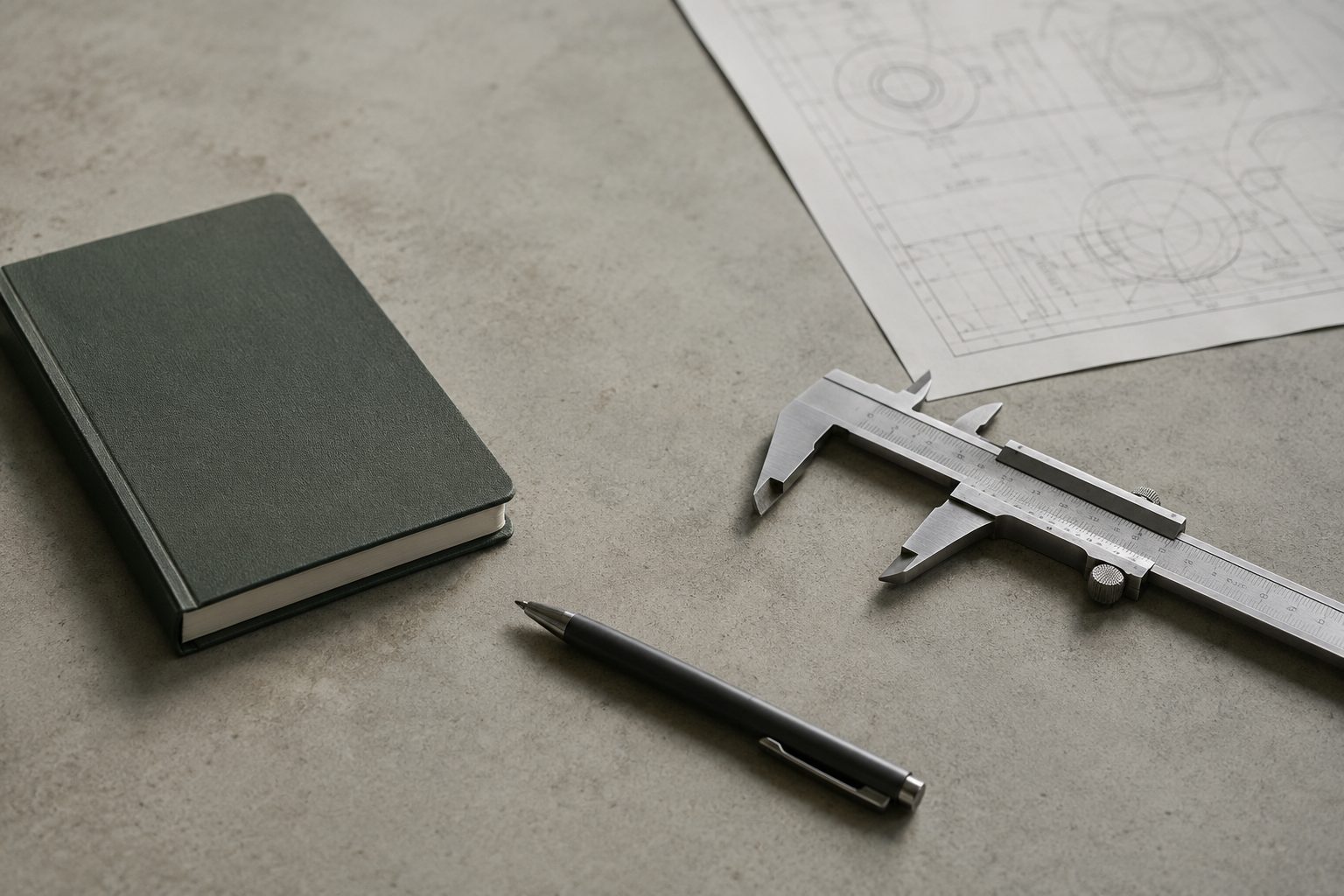 Cuaderno, calibre y plano técnico sobre una mesa
