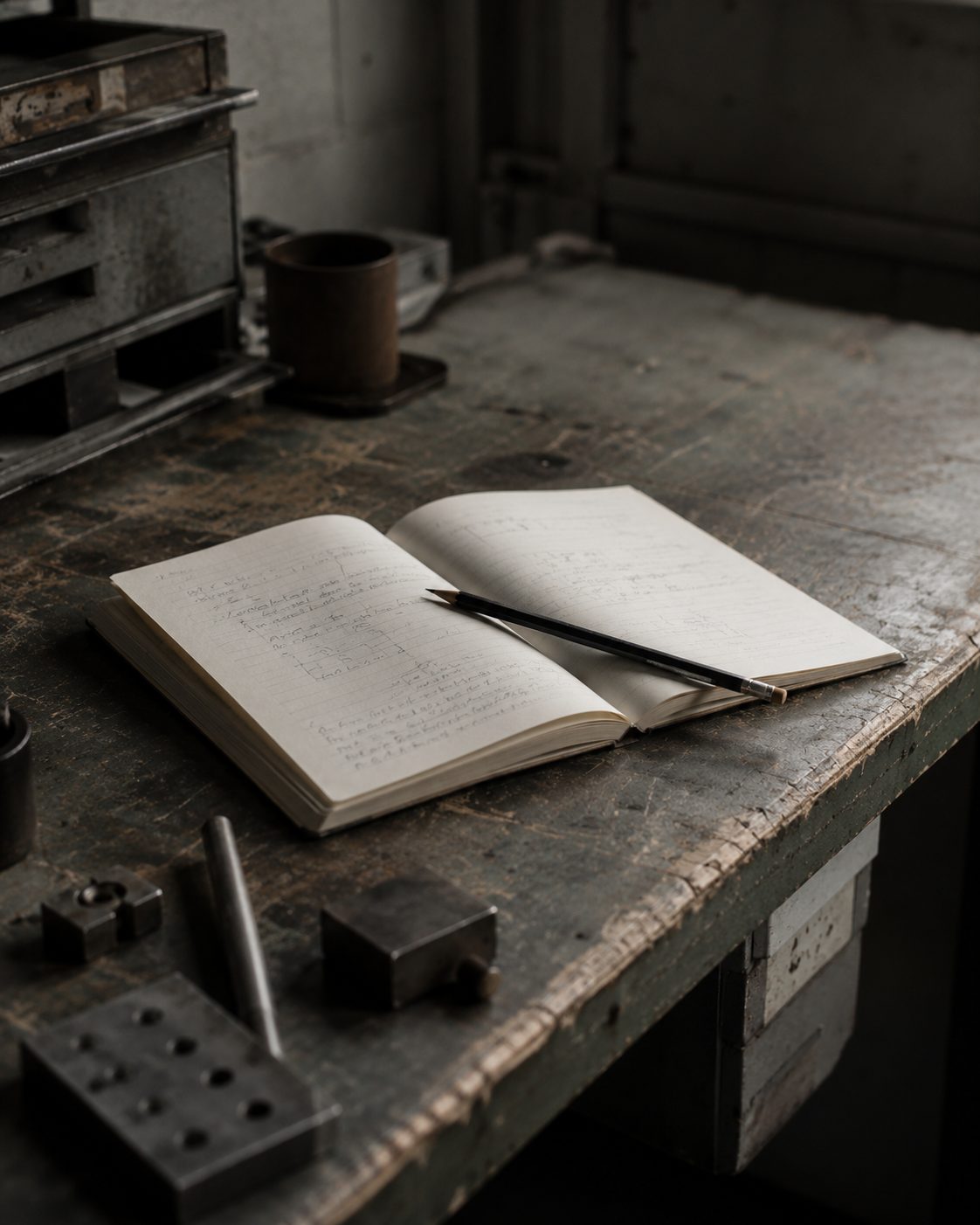 Cuaderno abierto sobre un banco de trabajo industrial