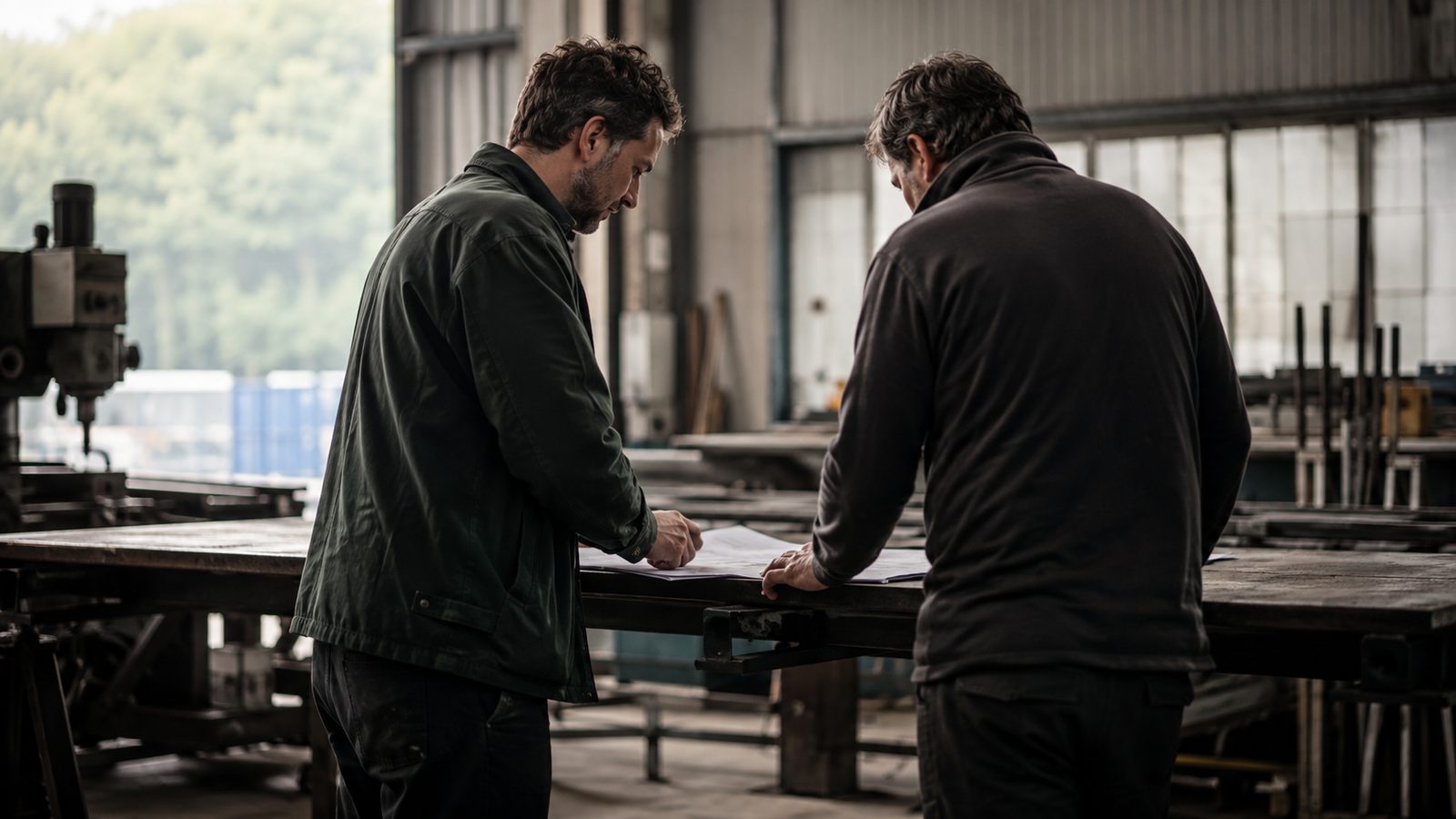 Dos personas revisando un documento en un taller