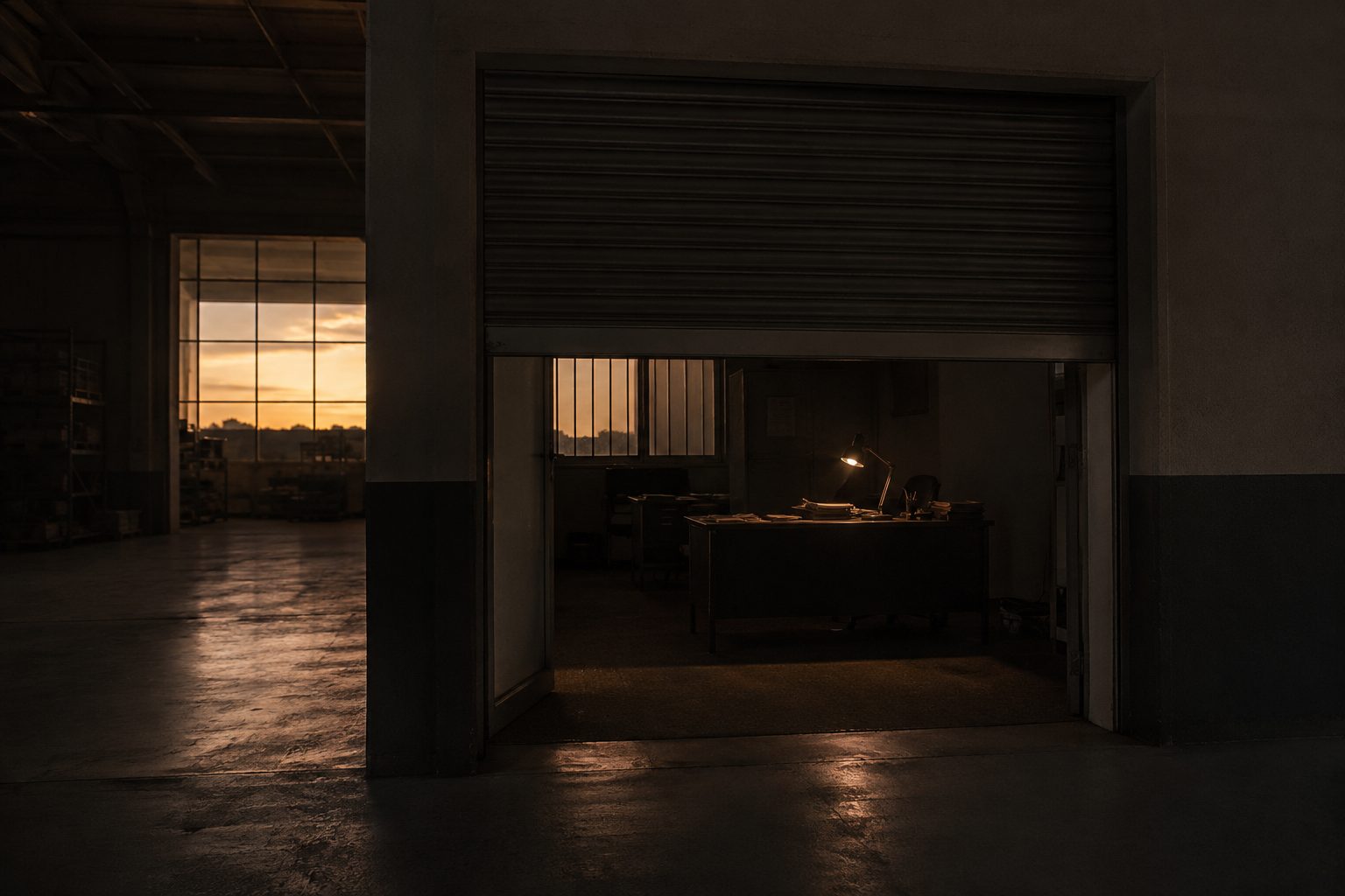 Nave industrial al atardecer con la puerta abierta