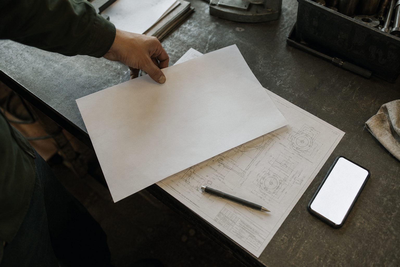 Manos revisando planos técnicos en un banco de trabajo